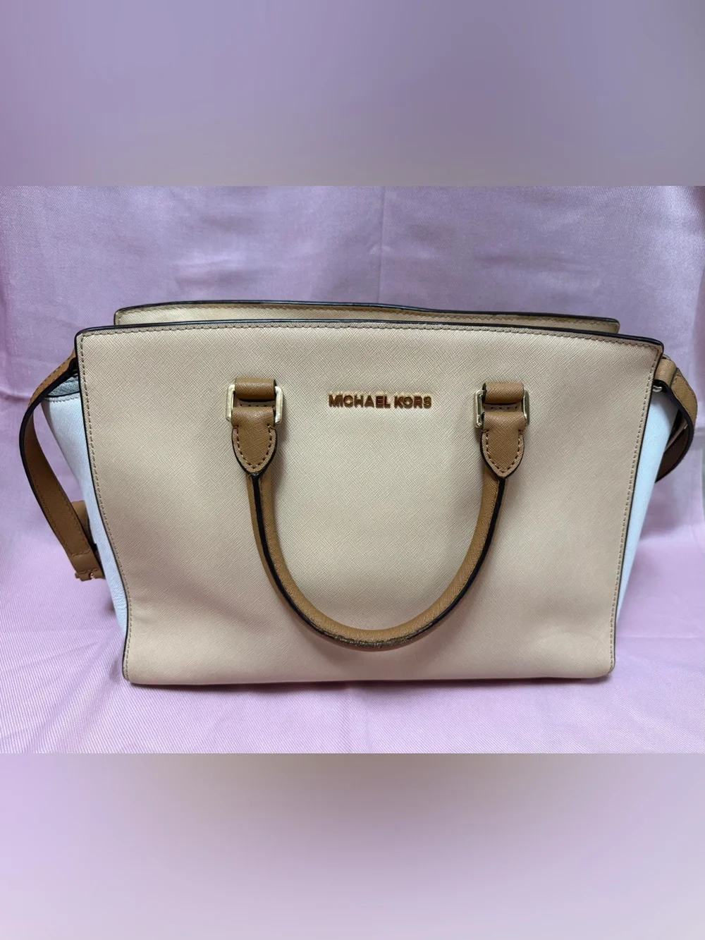 Michael Kors Selma Tan and White Saffiano Leather Satchel